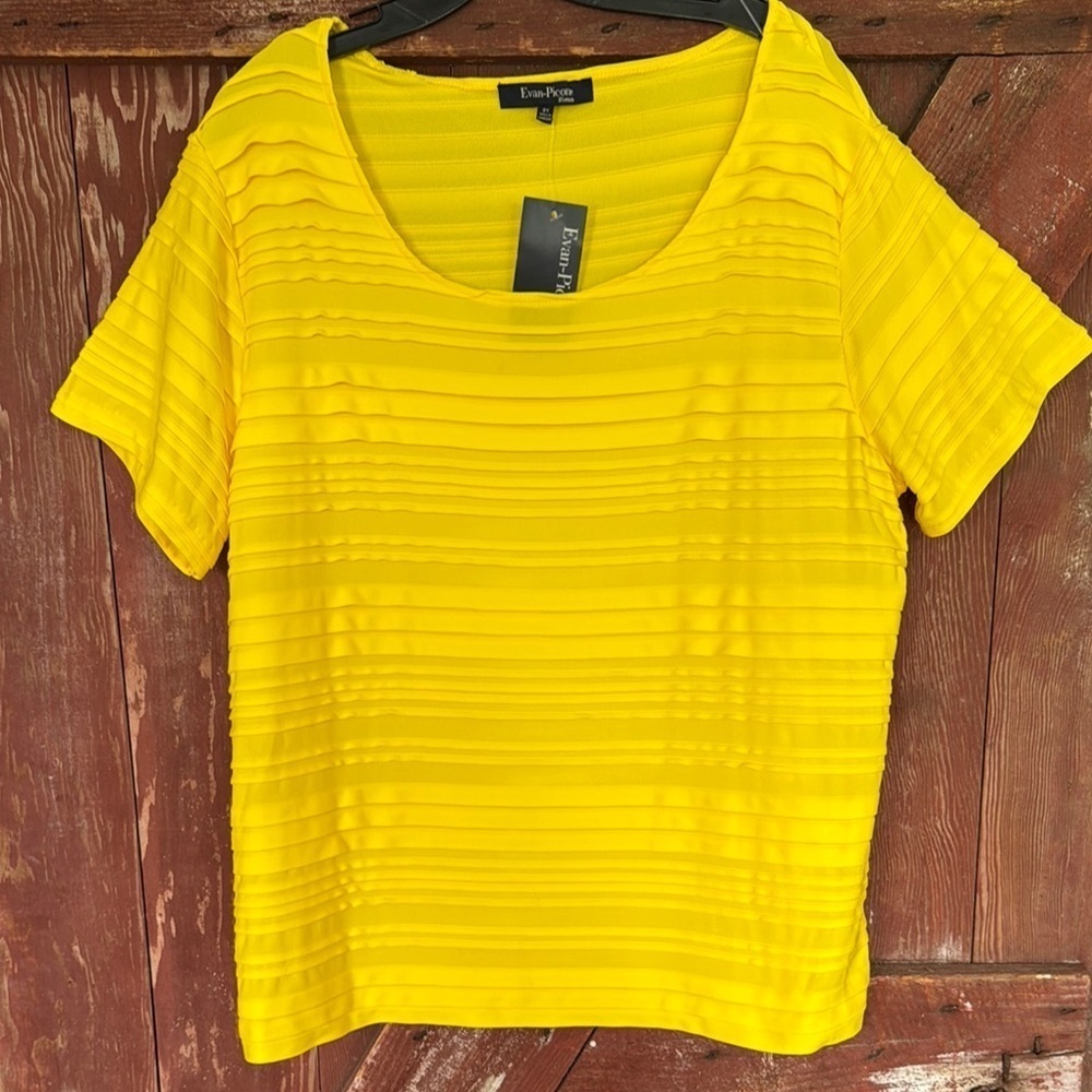 Evan-Piconne Sanibel bright yellow vertical pleats short sleeve stretch top. NWT - Picture 1 of 6